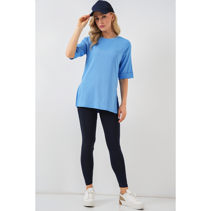 4332 Yanı Yırtmaçlı Örme Tişört - B.Mavi