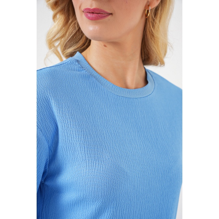 4332 Yanı Yırtmaçlı Örme Tişört - B.Mavi