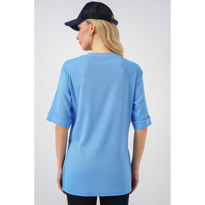 4332 Yanı Yırtmaçlı Örme Tişört - B.Mavi