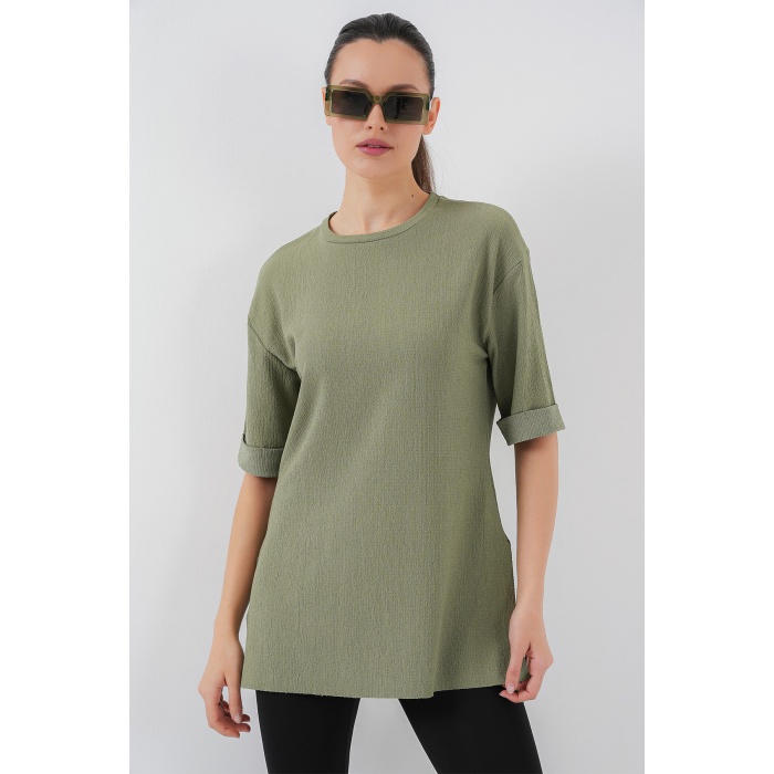 4332 Yanı Yırtmaçlı Örme Tişört - Çağla