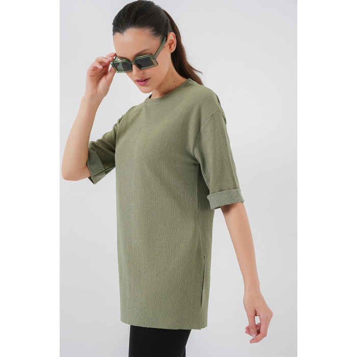 4332 Yanı Yırtmaçlı Örme Tişört - Çağla