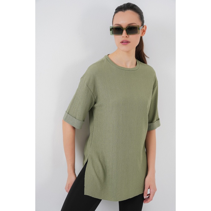 4332 Yanı Yırtmaçlı Örme Tişört - Çağla