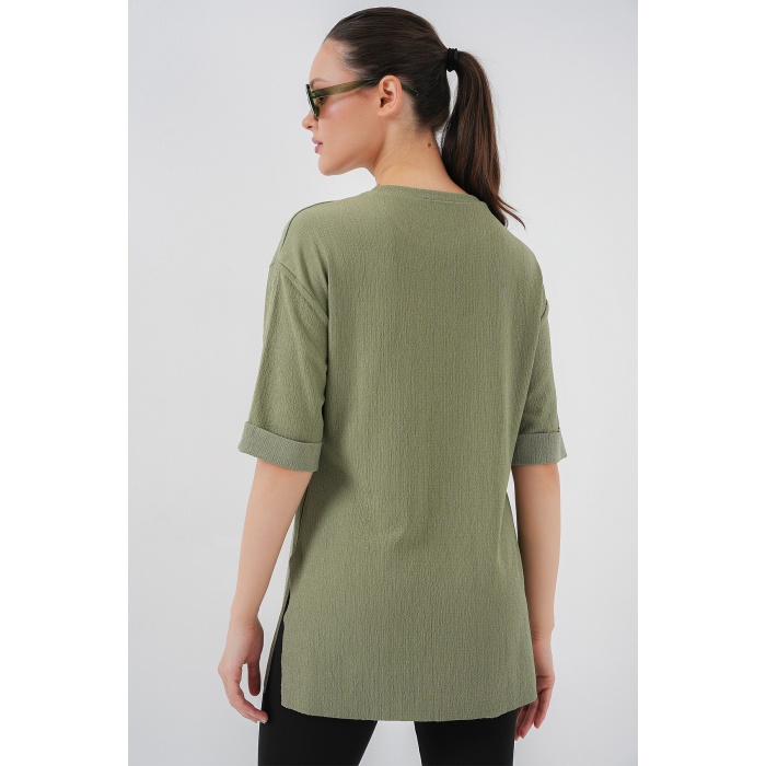 4332 Yanı Yırtmaçlı Örme Tişört - Çağla