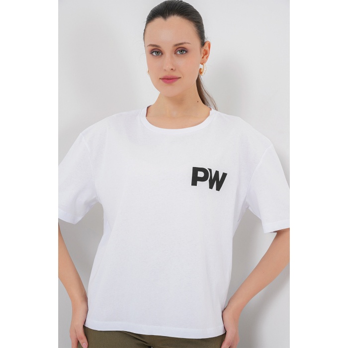 Kadın Baskılı Basic Tişört 4343 - Beyaz