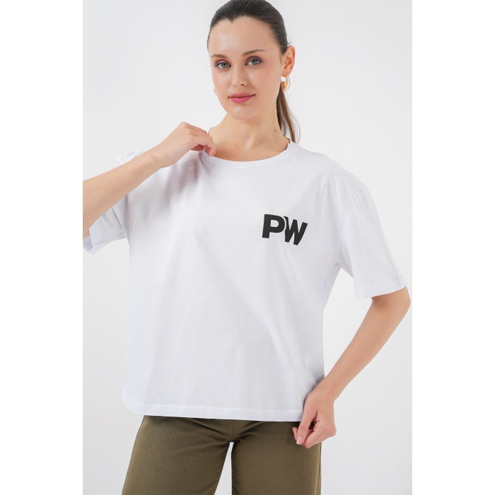 Kadın Baskılı Basic Tişört 4343 - Beyaz