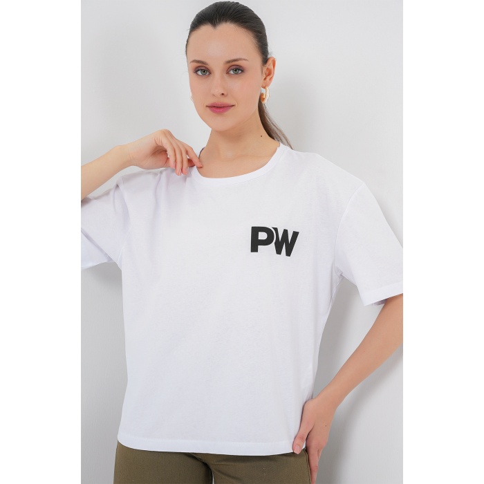 Kadın Baskılı Basic Tişört 4343 - Beyaz