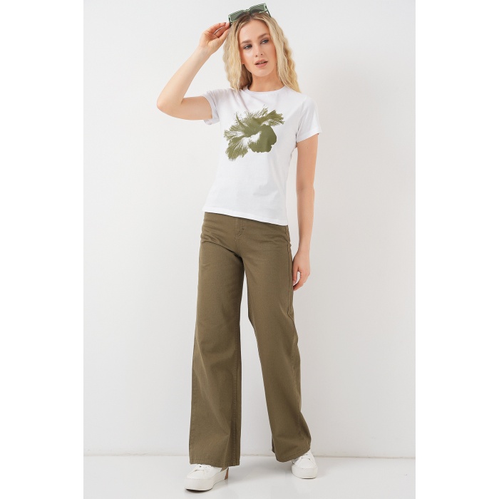 Kadın Baskılı Basic Tişört 4349 - Haki