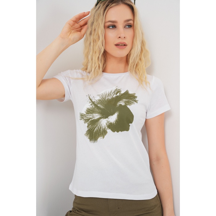 Kadın Baskılı Basic Tişört 4349 - Haki