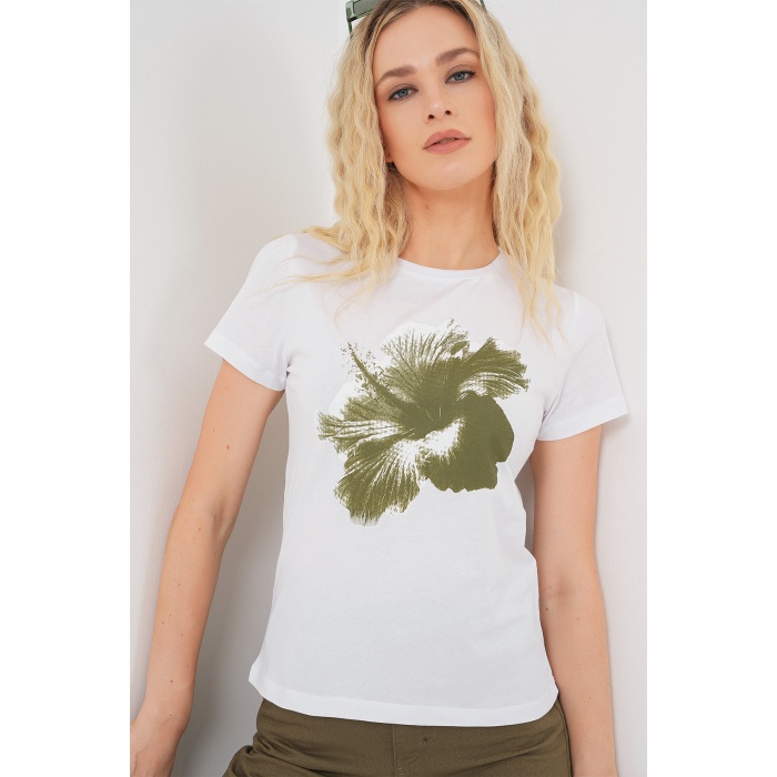 Kadın Baskılı Basic Tişört 4349 - Haki