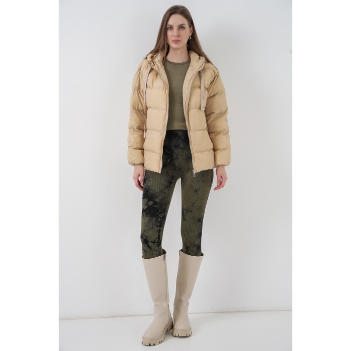 5117 Kapşonlu Şişme Mont - Vizon