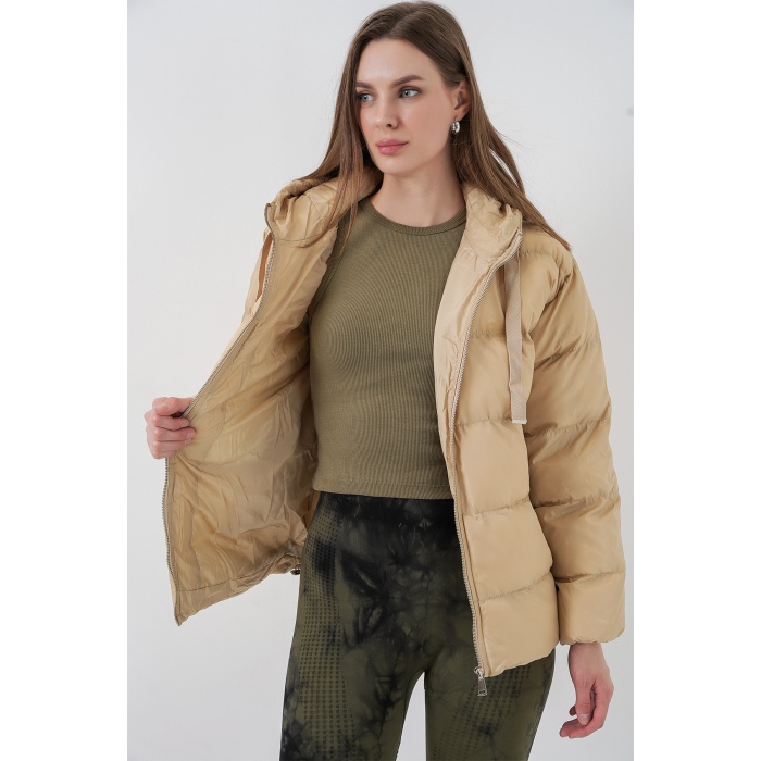 5117 Kapşonlu Şişme Mont - Vizon