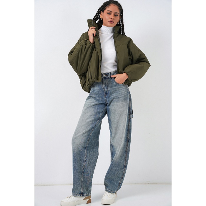 Kadın Oversize Bomber Şişme Mont 5124 - Haki