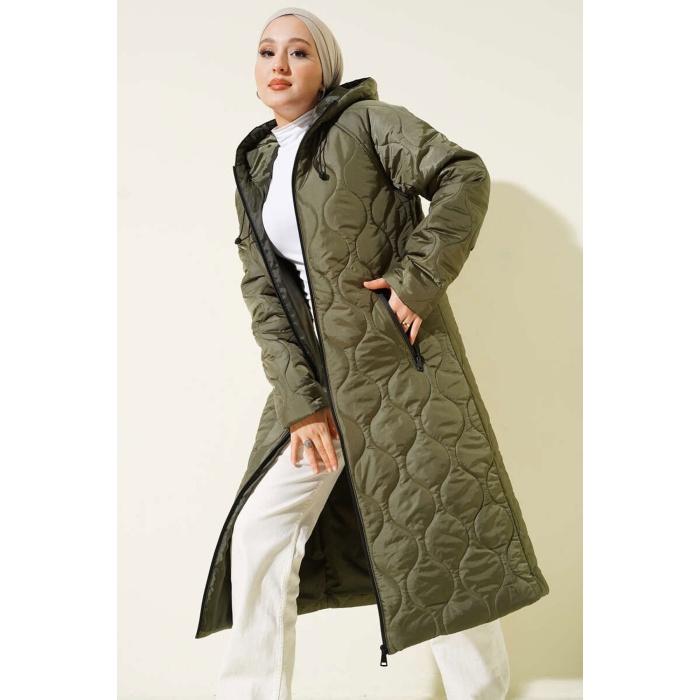 5177 Kapüşonlu Uzun Kapitone Mont - Haki