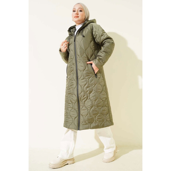 5177 Kapüşonlu Uzun Kapitone Mont - Haki