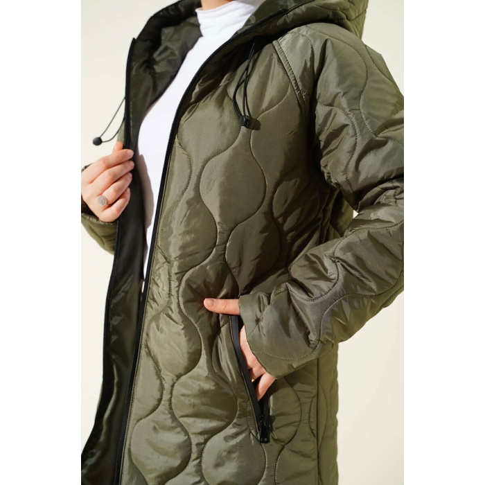 5177 Kapüşonlu Uzun Kapitone Mont - Haki