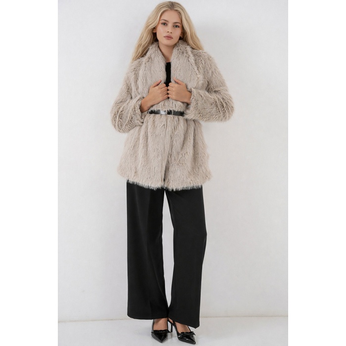 5186 Kruvaze Peluş Kürk Kaban - Krem
