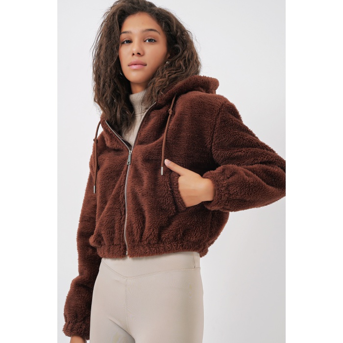 5193 Kapüşonlu Peluş Crop Ceket - Kahverengi