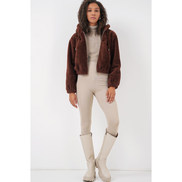 5193 Kapüşonlu Peluş Crop Ceket - Kahverengi