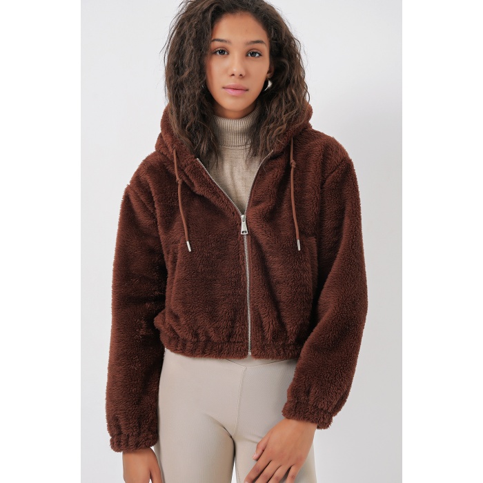 5193 Kapüşonlu Peluş Crop Ceket - Kahverengi