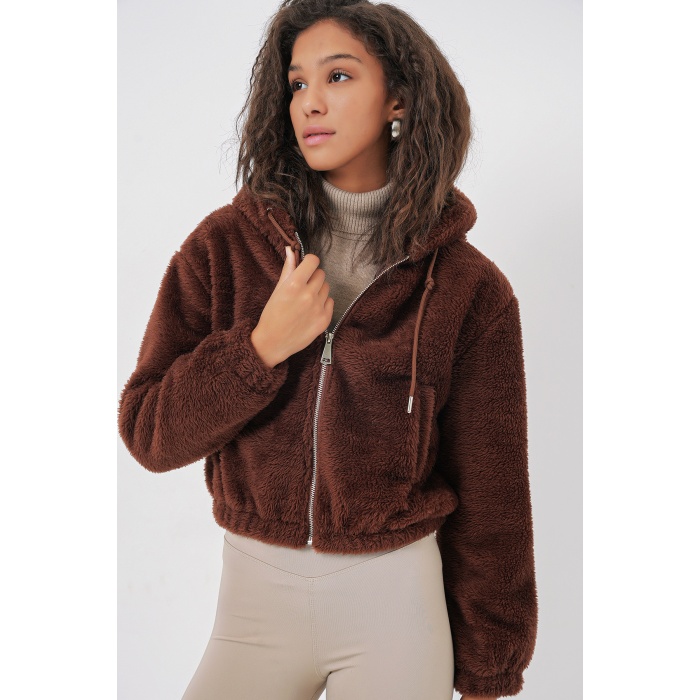 5193 Kapüşonlu Peluş Crop Ceket - Kahverengi