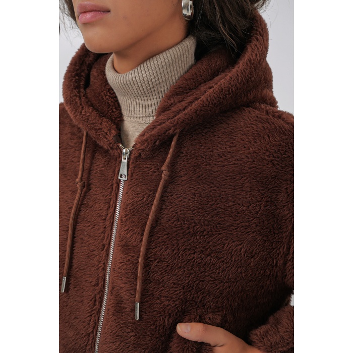 5193 Kapüşonlu Peluş Crop Ceket - Kahverengi
