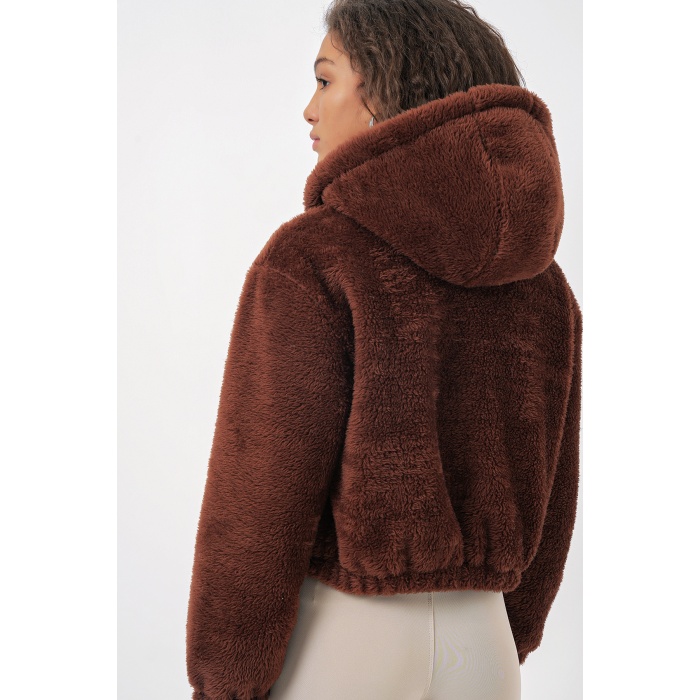 5193 Kapüşonlu Peluş Crop Ceket - Kahverengi