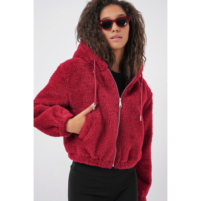 5193 Kapüşonlu Peluş Crop Ceket - Bordo