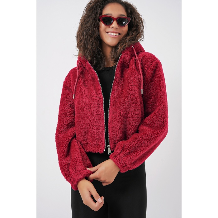 5193 Kapüşonlu Peluş Crop Ceket - Bordo