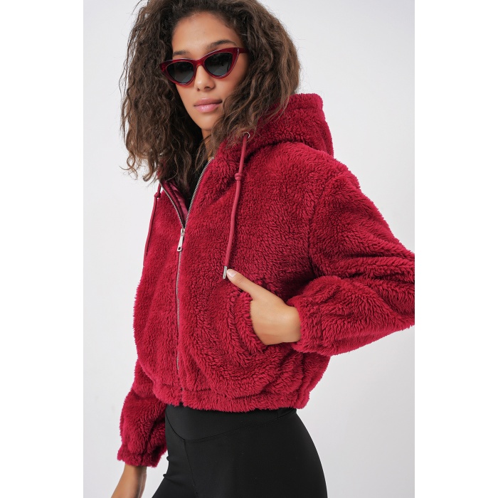 5193 Kapüşonlu Peluş Crop Ceket - Bordo