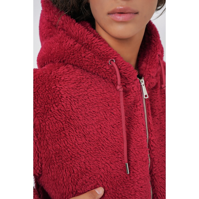 5193 Kapüşonlu Peluş Crop Ceket - Bordo