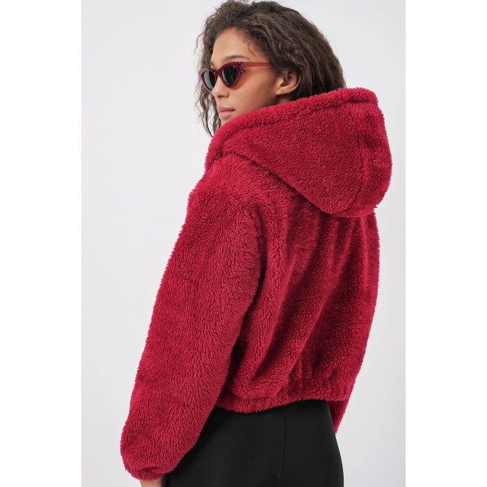 5193 Kapüşonlu Peluş Crop Ceket - Bordo