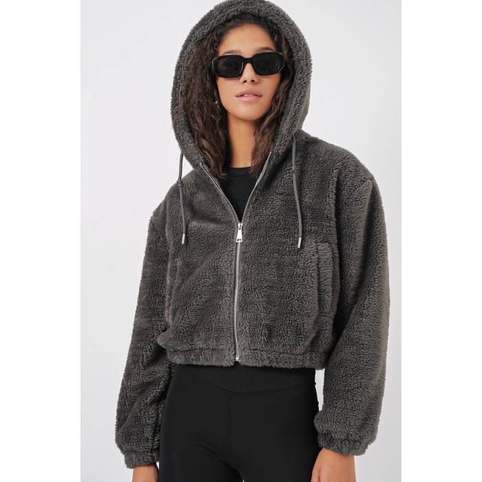 5193 Kapüşonlu Peluş Crop Ceket - Antrasit