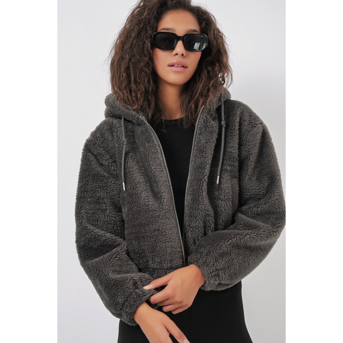 5193 Kapüşonlu Peluş Crop Ceket - Antrasit