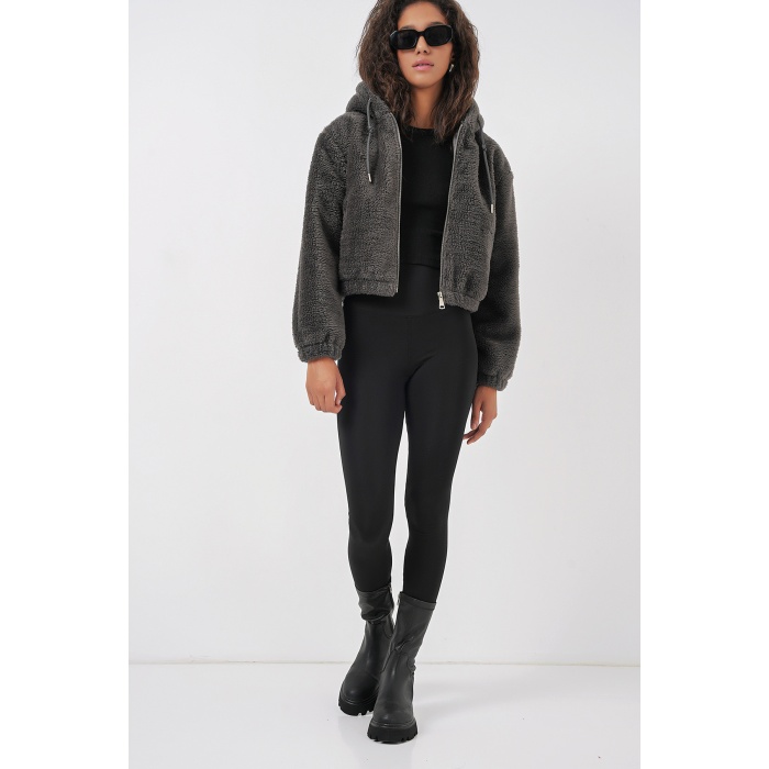 5193 Kapüşonlu Peluş Crop Ceket - Antrasit
