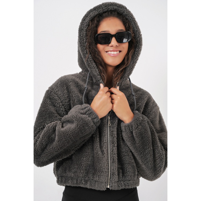 5193 Kapüşonlu Peluş Crop Ceket - Antrasit