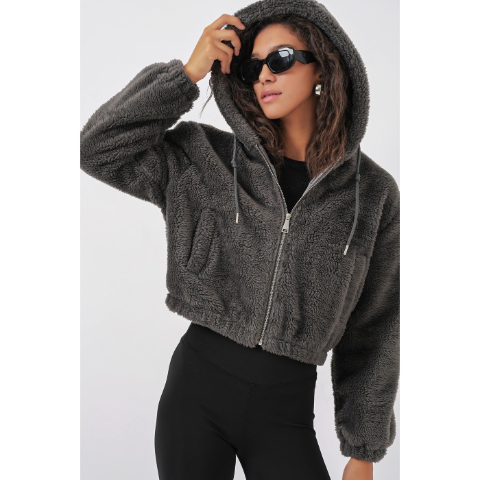 5193 Kapüşonlu Peluş Crop Ceket - Antrasit