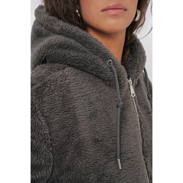5193 Kapüşonlu Peluş Crop Ceket - Antrasit