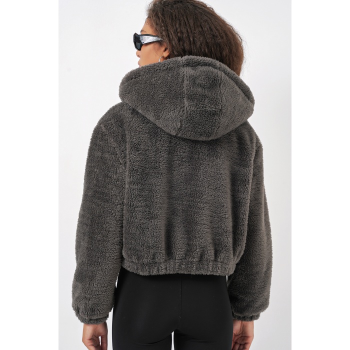 5193 Kapüşonlu Peluş Crop Ceket - Antrasit
