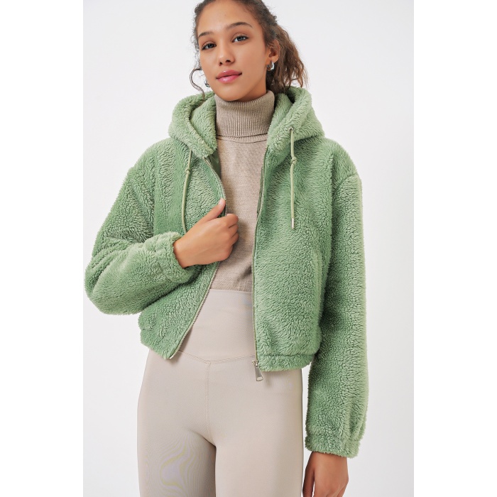 5193 Kapüşonlu Peluş Crop Ceket - E.Yeşil