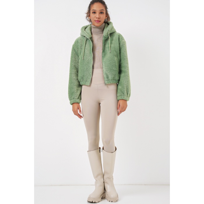 5193 Kapüşonlu Peluş Crop Ceket - E.Yeşil
