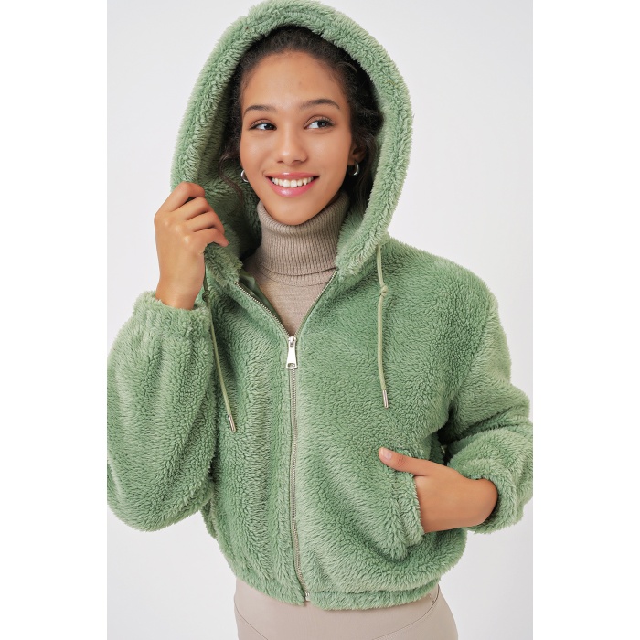 5193 Kapüşonlu Peluş Crop Ceket - E.Yeşil