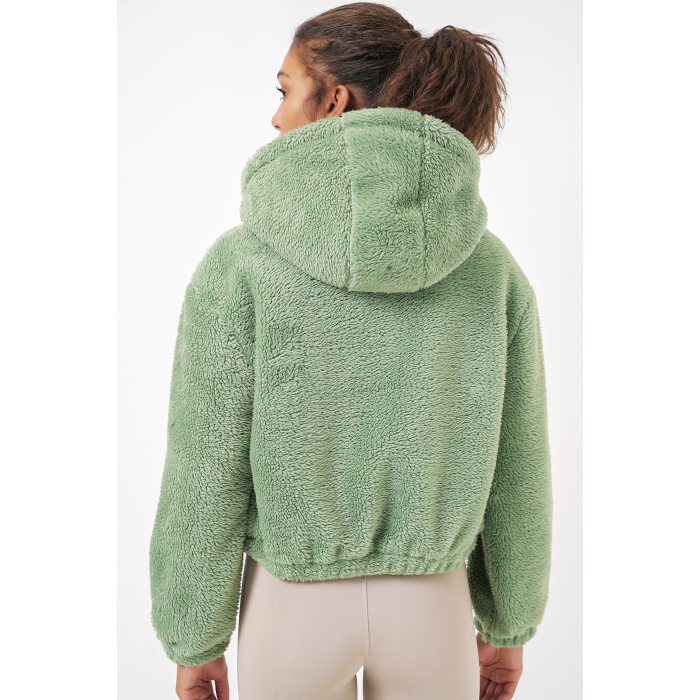 5193 Kapüşonlu Peluş Crop Ceket - E.Yeşil
