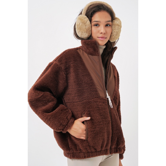 5194 Kadın Peluş Mont Ceket - Kahverengi