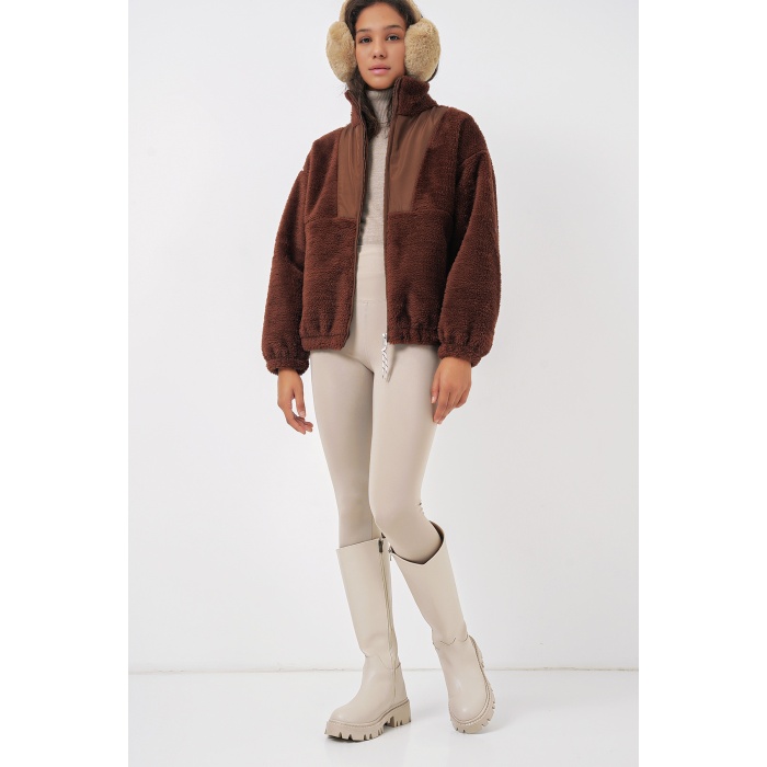 5194 Kadın Peluş Mont Ceket - Kahverengi