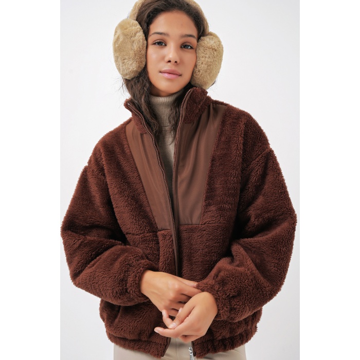 5194 Kadın Peluş Mont Ceket - Kahverengi