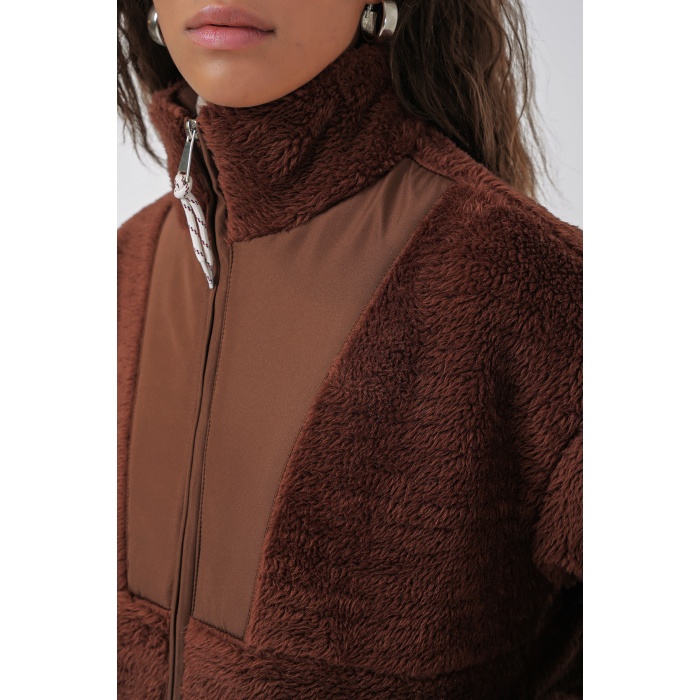 5194 Kadın Peluş Mont Ceket - Kahverengi