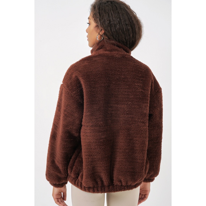 5194 Kadın Peluş Mont Ceket - Kahverengi