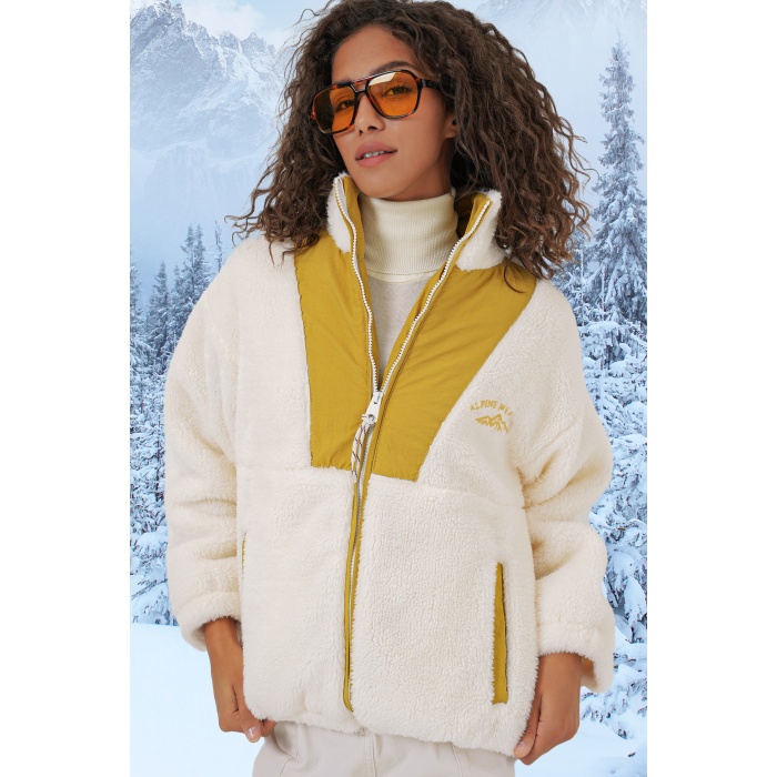 5194 Kadın Peluş Mont Ceket - Hardal