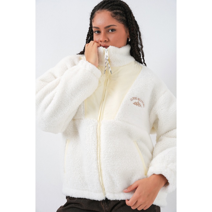 5194 Kadın Peluş Mont Ceket - Ekru