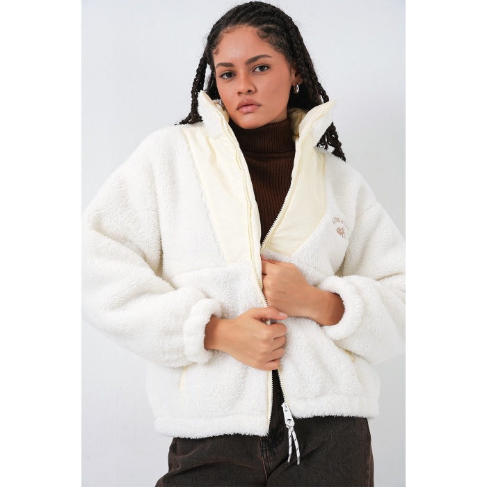 5194 Kadın Peluş Mont Ceket - Ekru
